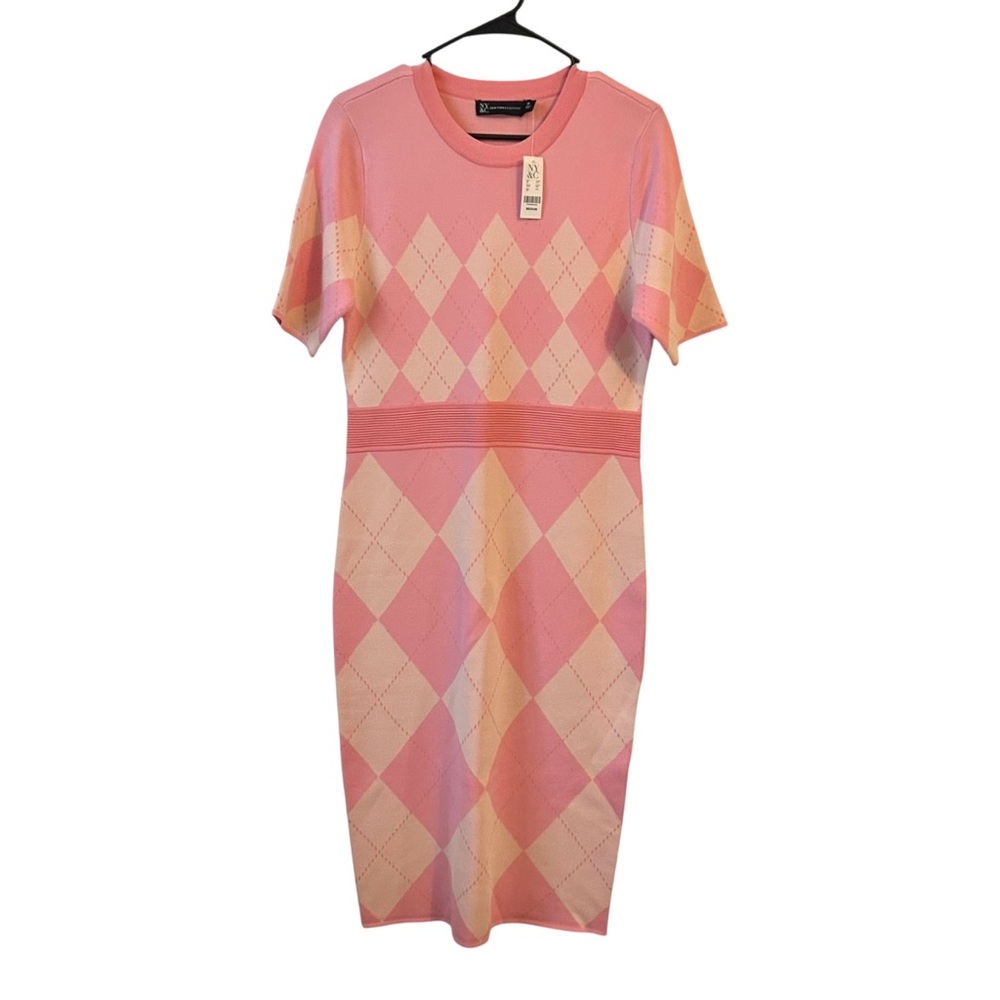 NWT NY & Co Argyle Short Sleeve Knit Sweater Dress Women’s SZ Medium in Pink - Picture 2 of 7